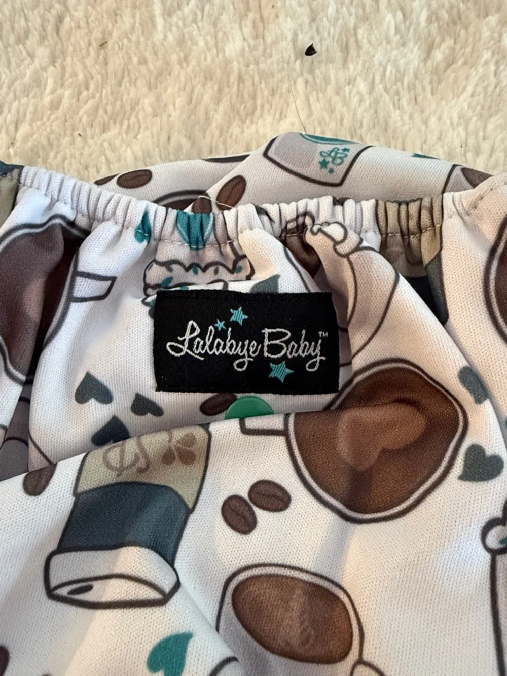 5/$25 Adjustable White Coffee-Print Cloth Diaper Cover with Teal Snaps